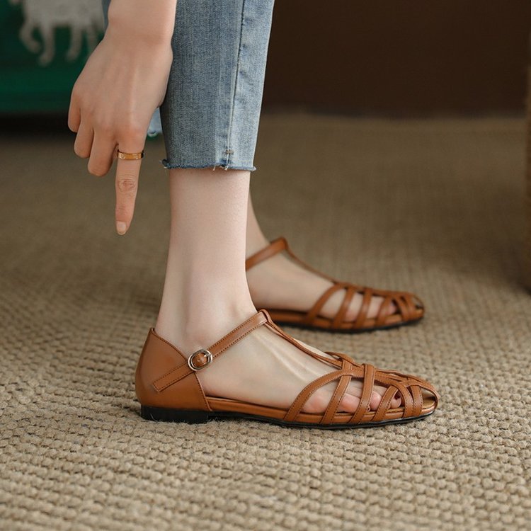 Women's Flat Sandals – French Retro Design with Low Cutouts