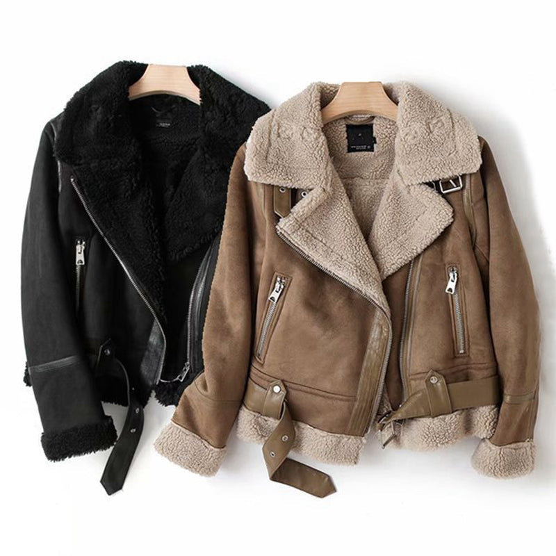 Women's Suede Jacket – Revers Collar with Winter Biker Style