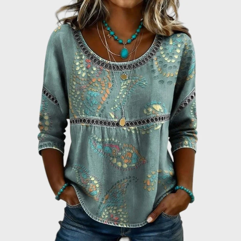 Women's 3D Floral Pattern Top – Round Neck, Relaxed Fit