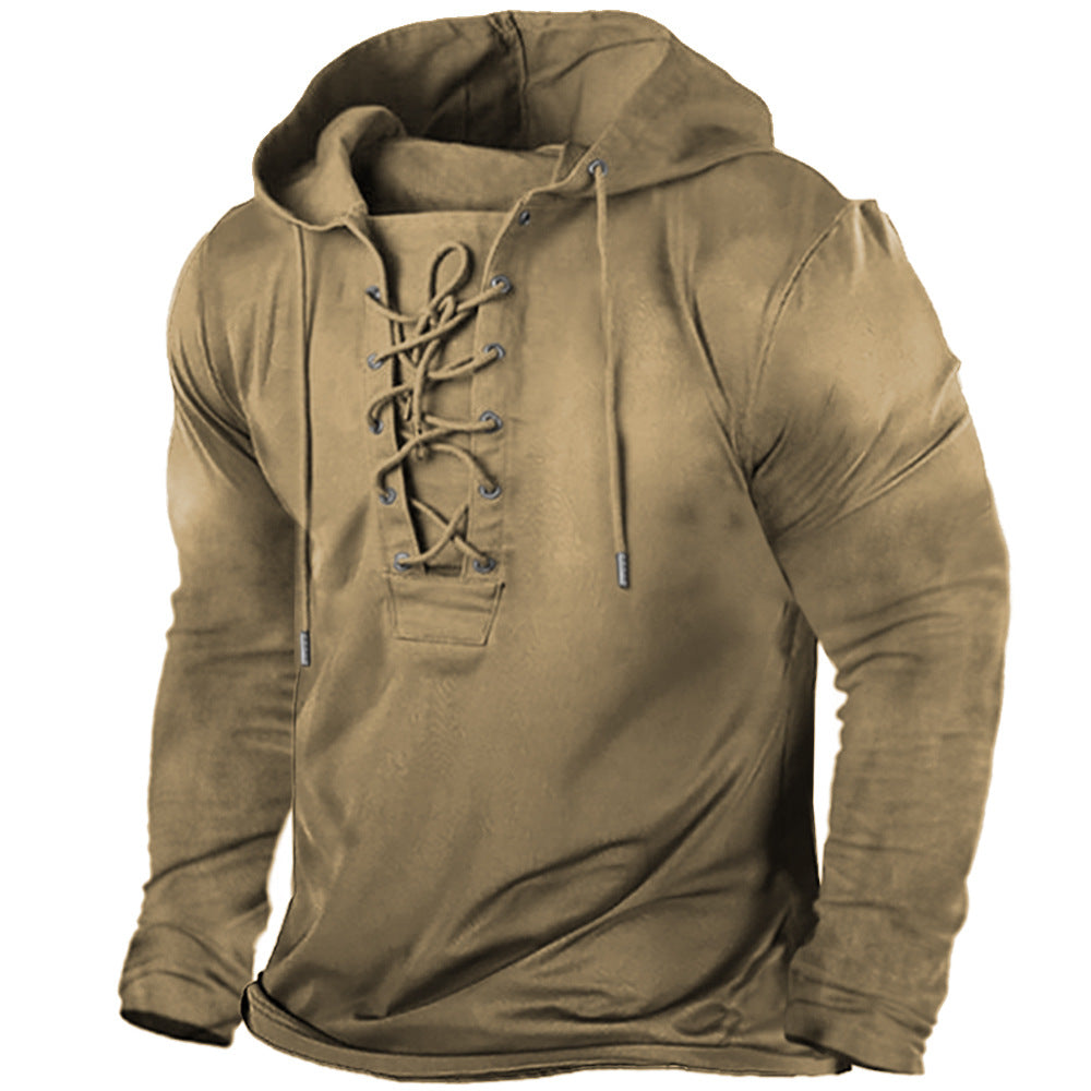 Men's Lace-Up Hooded T-Shirt - Long Sleeves Relaxed Fit