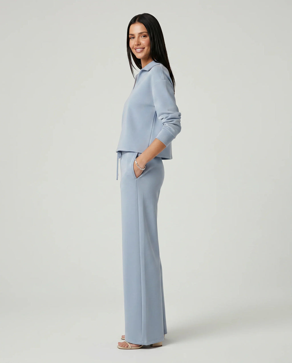 Women's Two-Piece Set – Relaxed V-Neck Top and Wide-Leg Trousers
