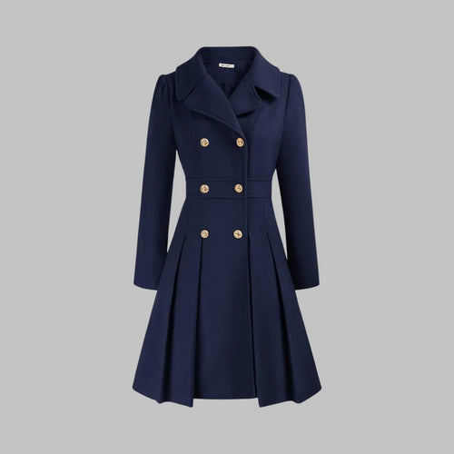 Women's A-Line Double-Breasted Coat - Pleated waist detail
