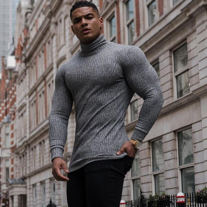Men's Long-Sleeved T-Shirt with Mock Neck – Knitted Slim Fit