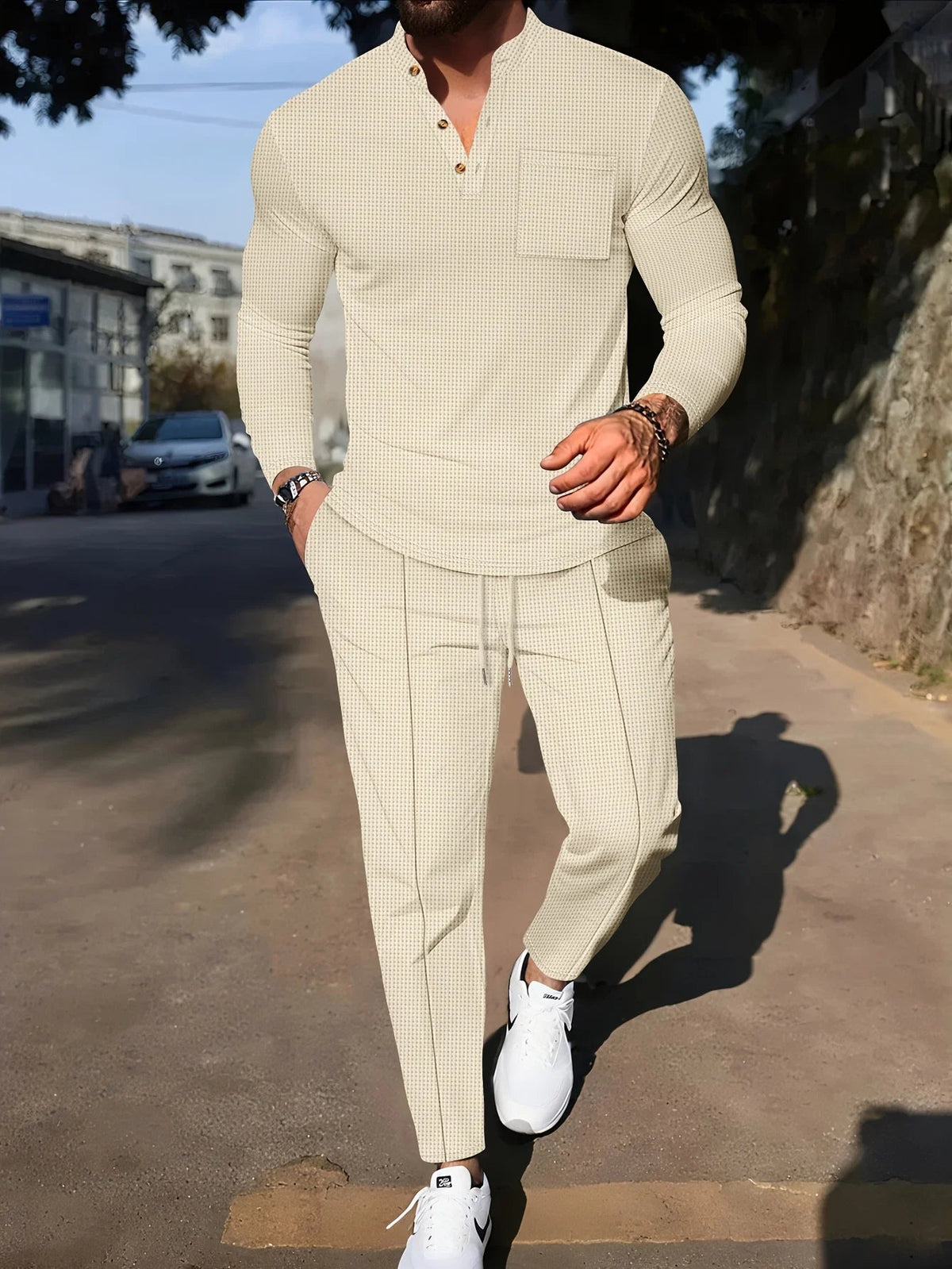 Men's Two-Piece Waffle Set – Henley Top & Casual Trousers