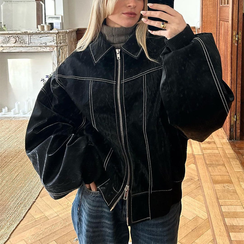 Women's Motorcycle Jacket – Loose Fit with Zipped Lapel Collar