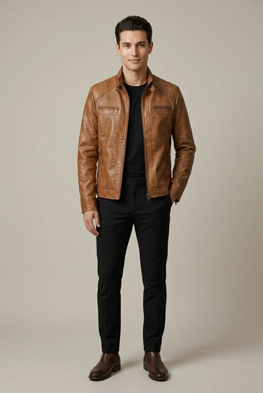 Men's Stand-Collar Jacket – Zipper Closure with Faux-Leather Finish