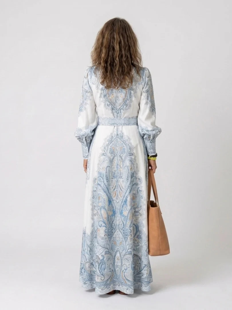 Women's Maxi Printed Dress – Notched Collar, Lantern Sleeves