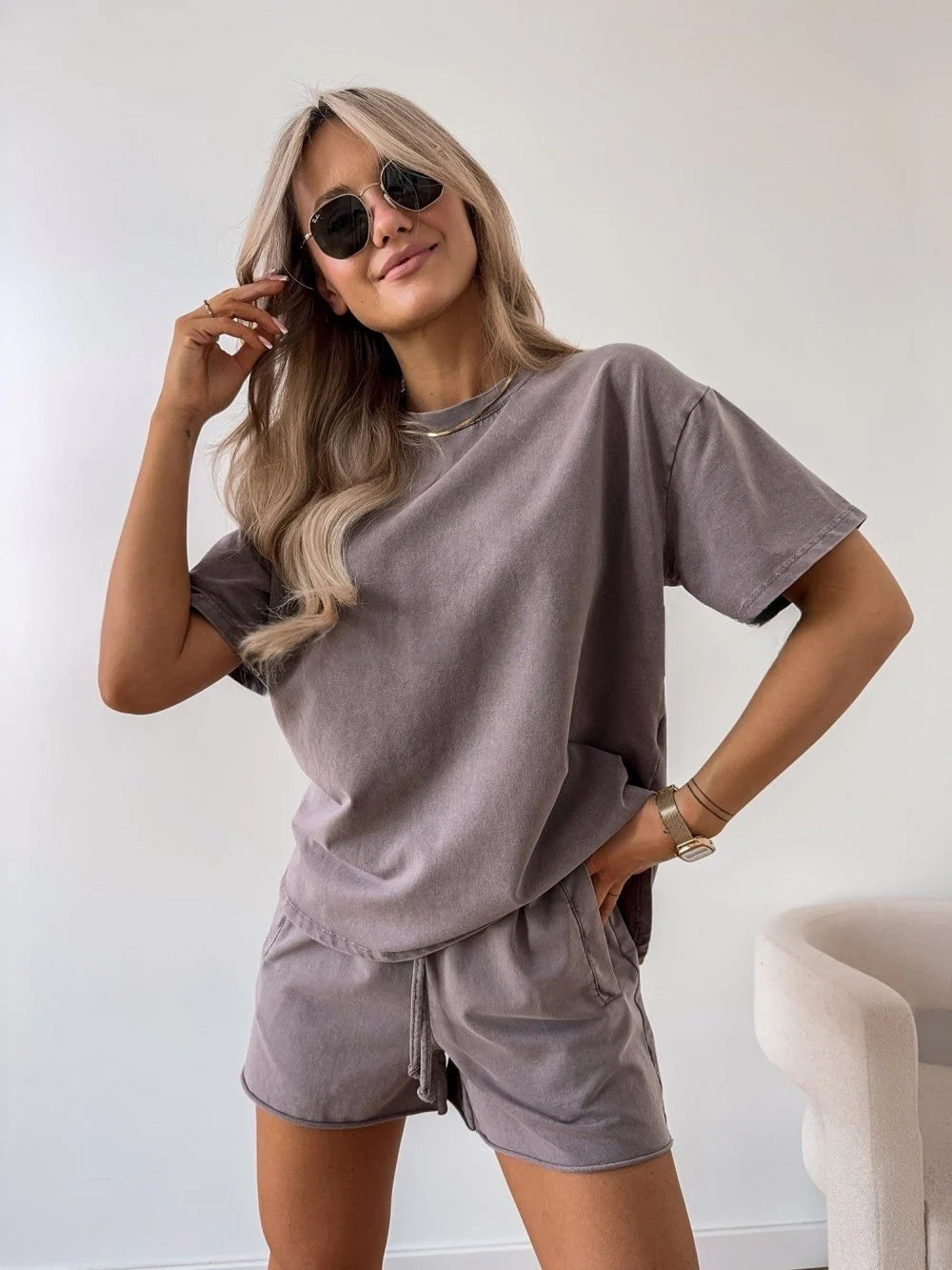 Women's Two-Piece Set – Round Neck T-shirt and Drawstring Shorts