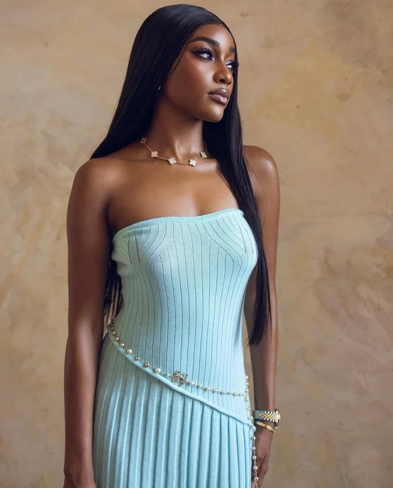 Women's Long Strapless Dress – Twisted Pleated Flower Detail