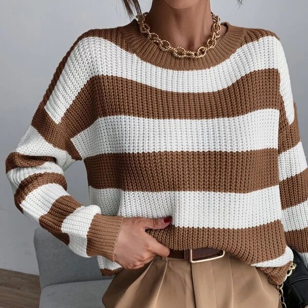 Women's Knitted Striped Sweater - Relaxed Loose Fit