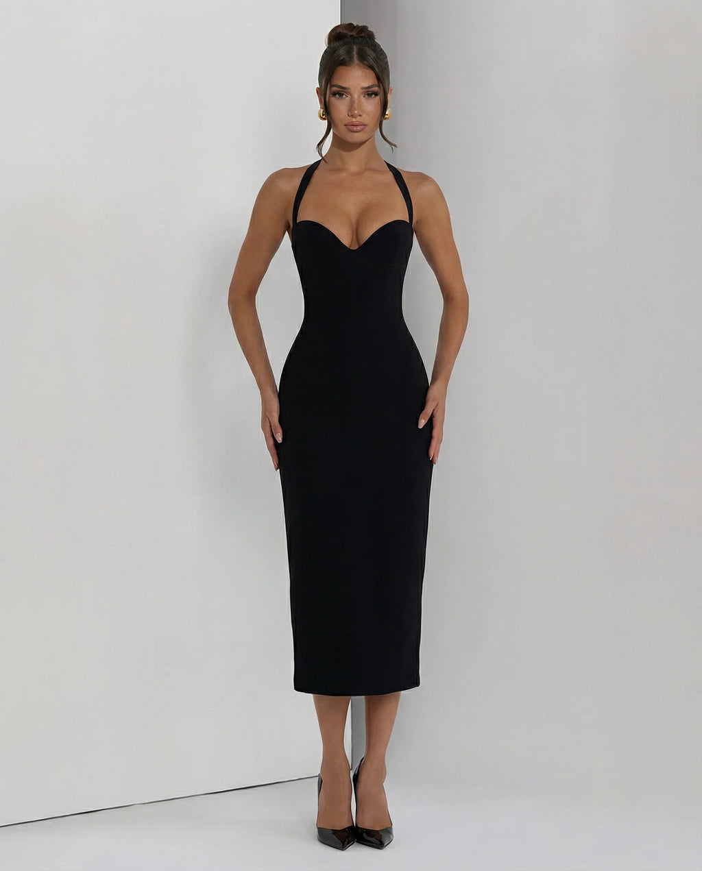 Women's Midi Dress – Halter Neckline, Structured Fit, Back Slit