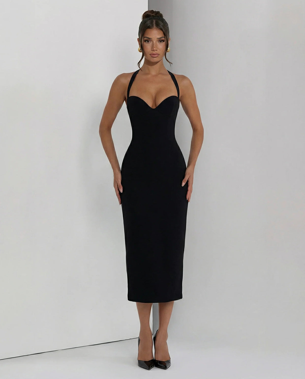Women's Midi Dress – Halter Neckline, Structured Fit, Back Slit