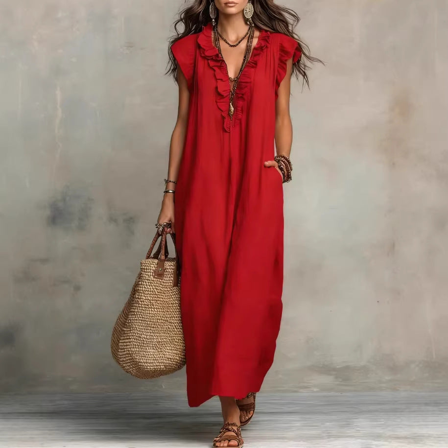 Women's Sleeveless Maxi Dress – Elegant Ruffles and Practical Pockets