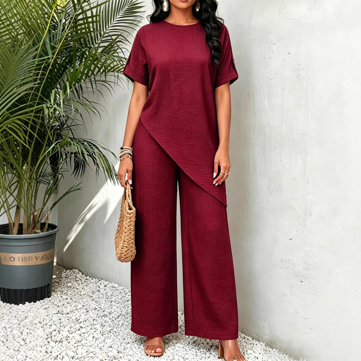 Women's Two-Piece Set – Mid-Length Top and Wide-Leg Pants, Relaxed Fit