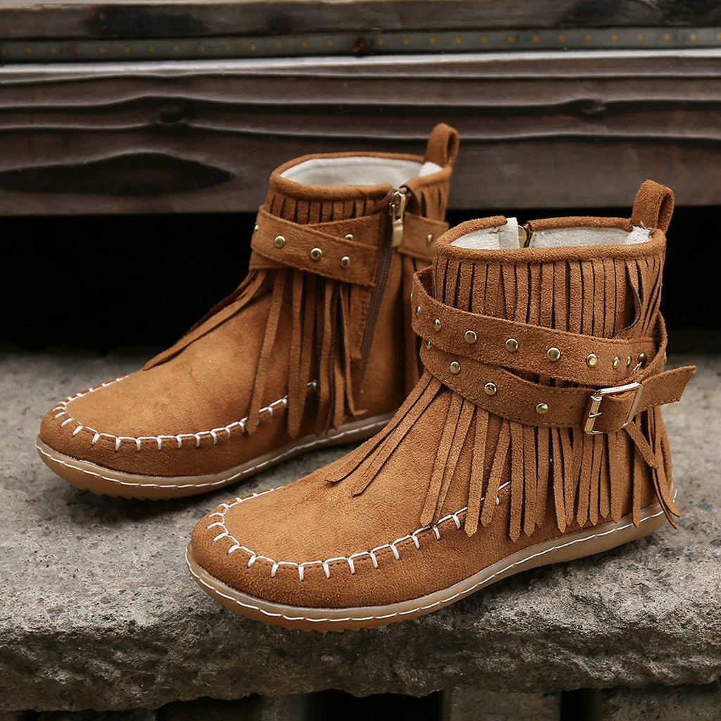 Women's Suede Ankle Boots – Casual Fringes & Flat Heel