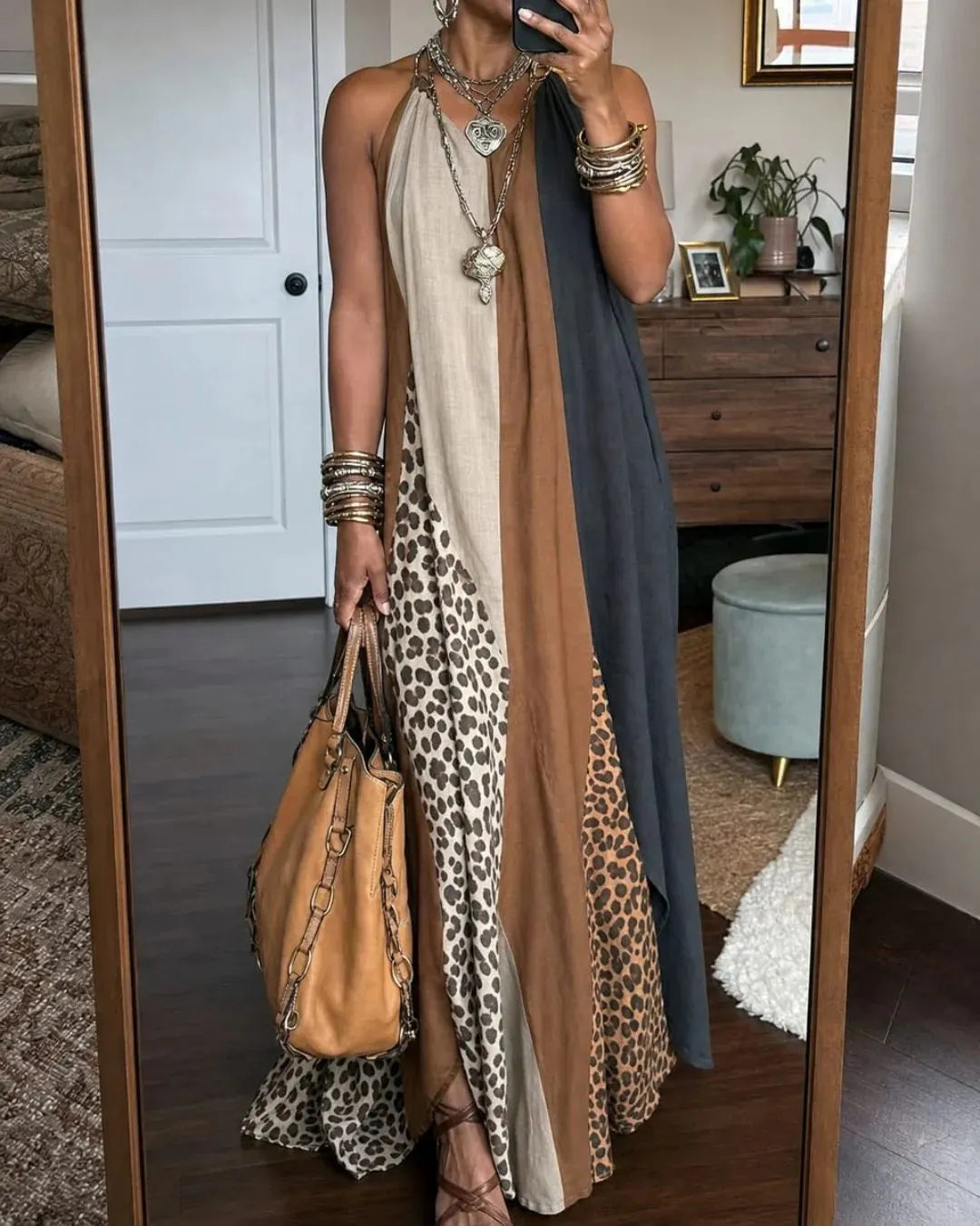 Women's Long Sleeveless Dress – Leopard Print, Flowing Fit