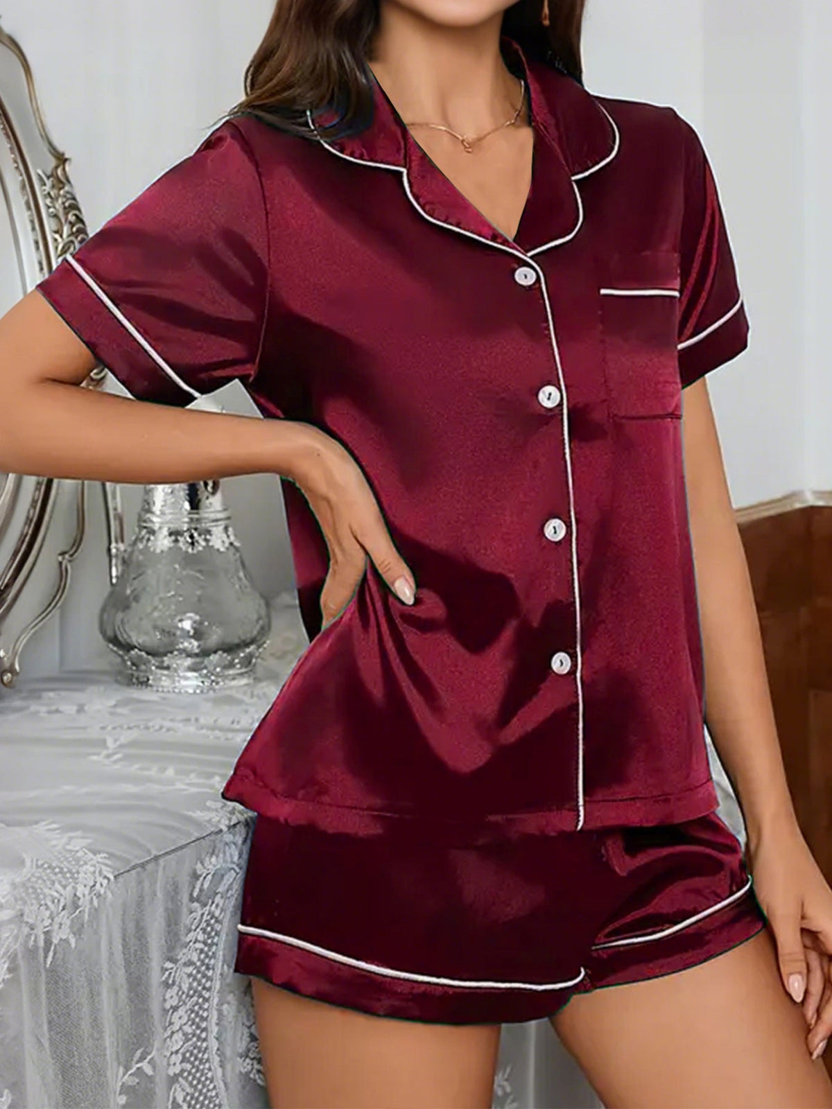 Two-Piece Women’s Pajama Set – Short-Sleeve Cardigan and Lightweight Shorts