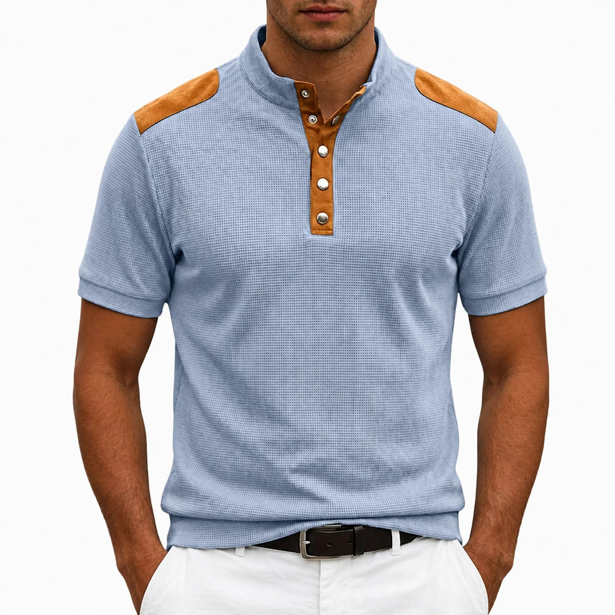 Men's Buttoned Stand-Collar T-shirt – Contrasting Panel Detail
