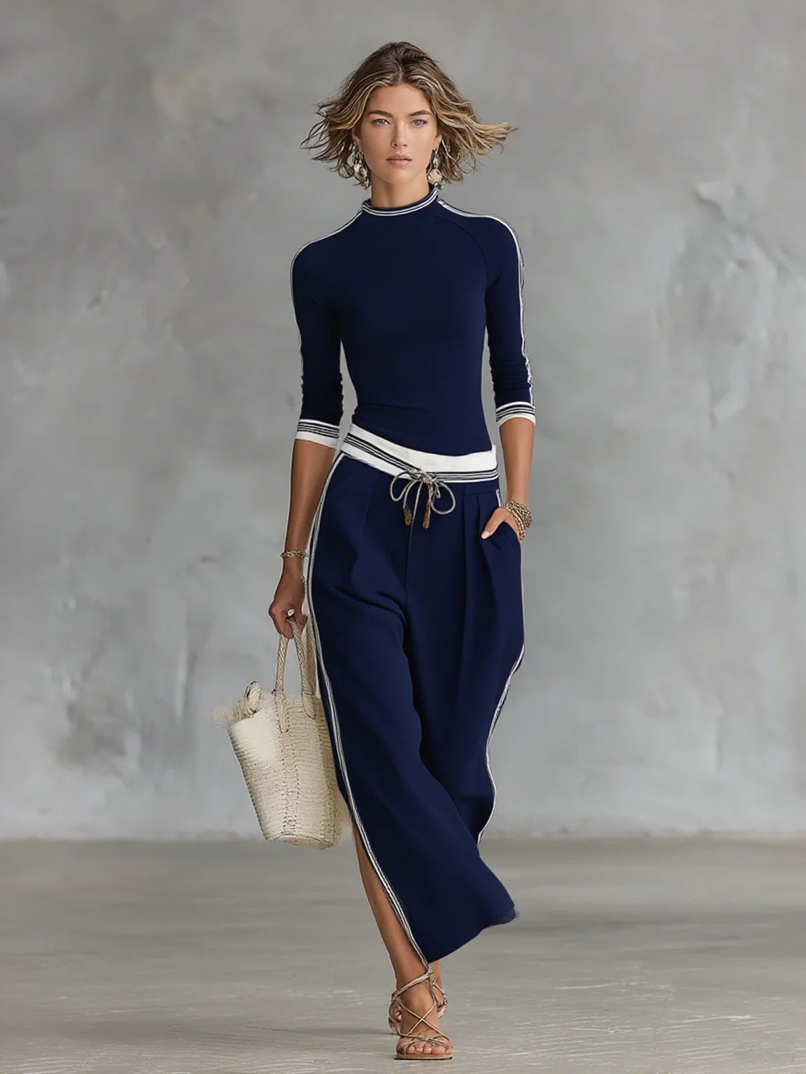 Two-Piece Set for Women – Long-Sleeved Top and Wide-Leg Trousers with Contrasting Details