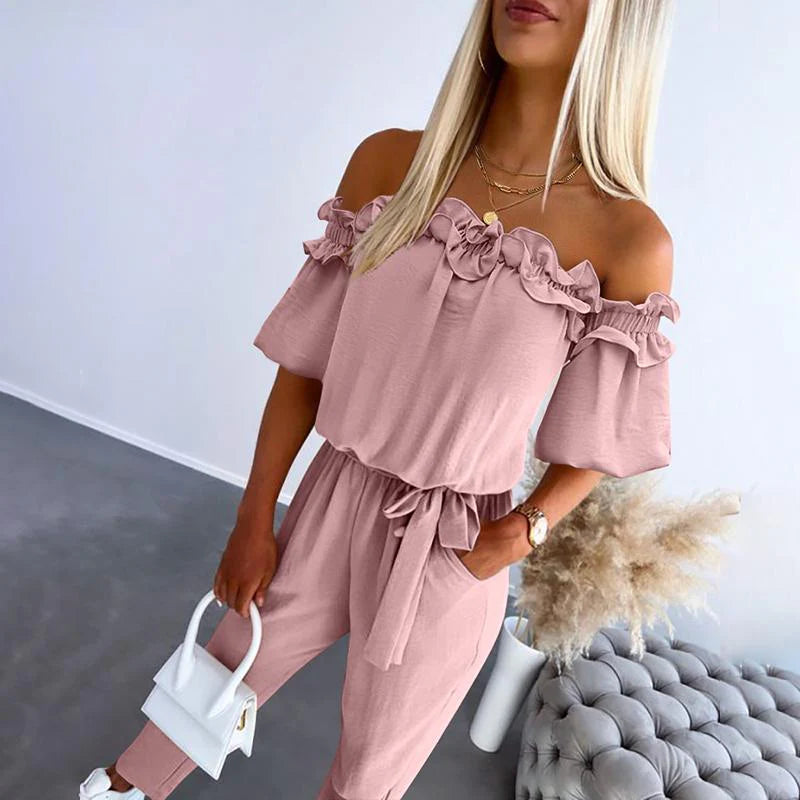 Women's Jumpsuit Smooth Fabric – Off-Shoulder, Ruffles, Tapered Fit
