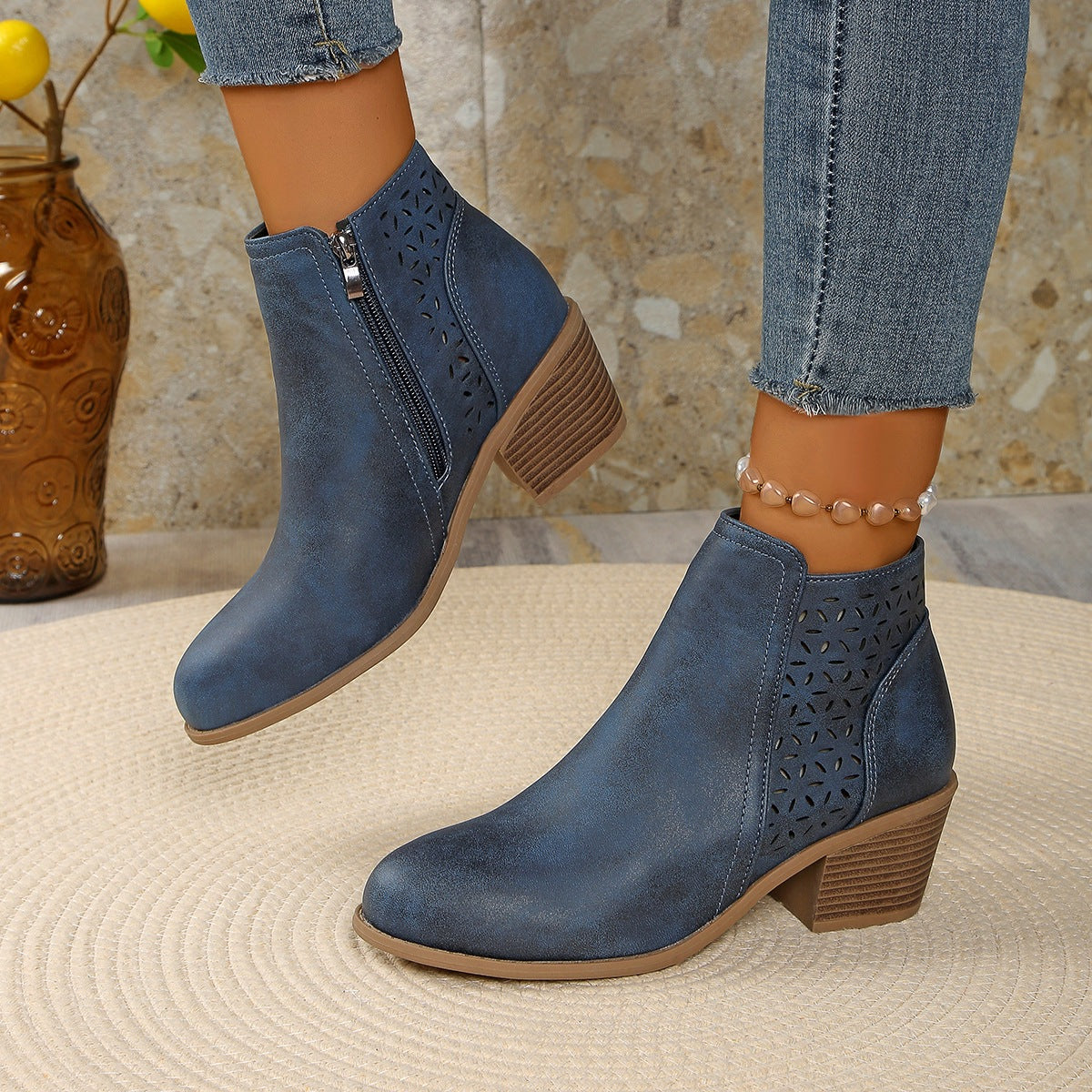 Women's Low-Heel Ankle Boots – Modern Cutouts and Side Zip