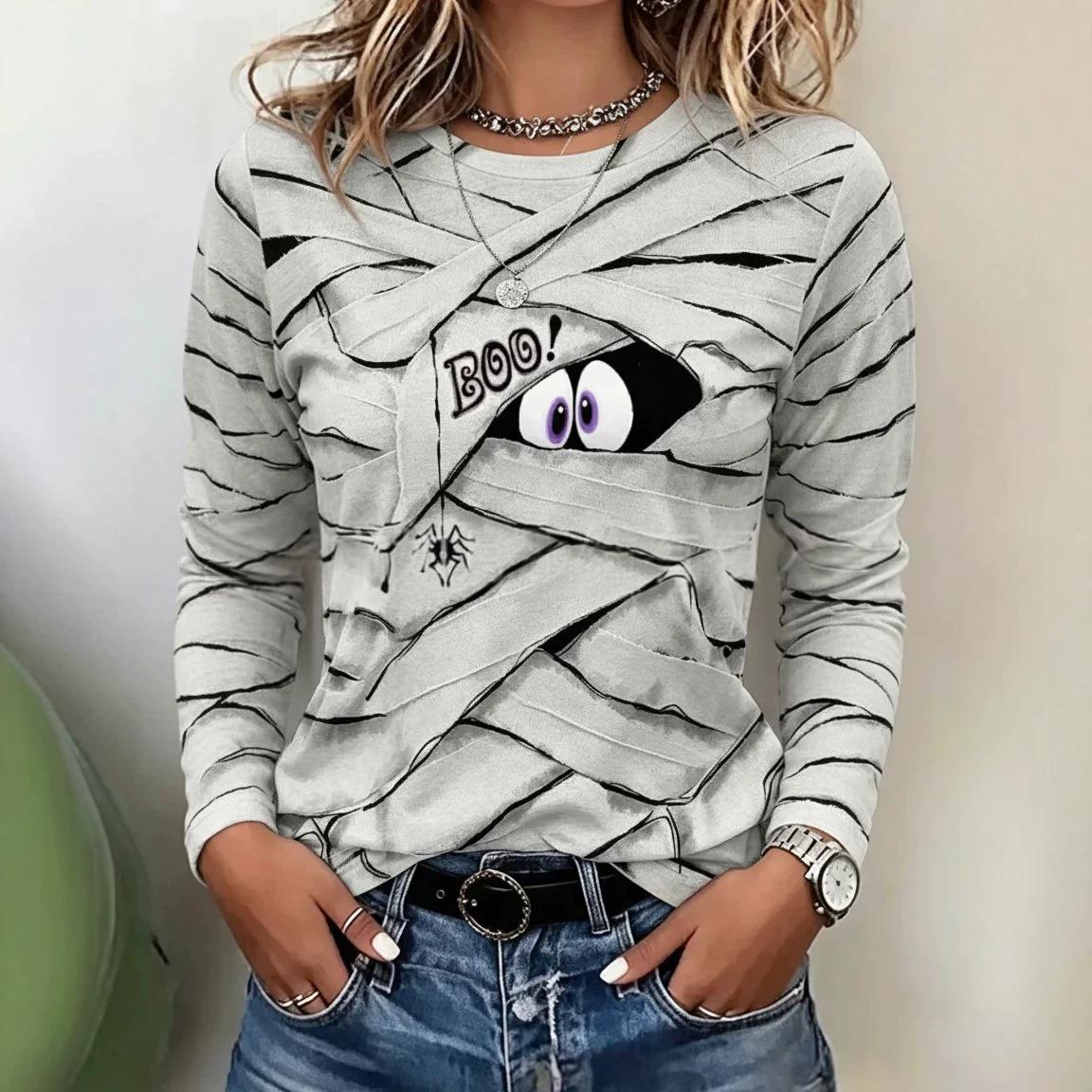 Women's Printed Top with Round Neck and Long Sleeves – Relaxed Fit