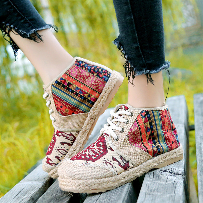 Women's Embroidered Cotton Canvas Sneakers – High-Top Ethnic Pattern
