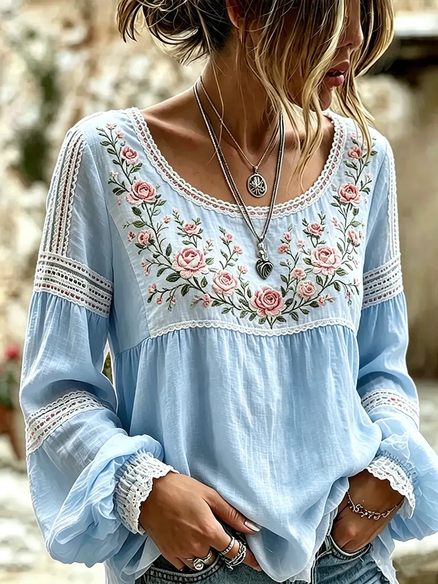 Women's Blended Linen Blouse – Floral Embroidery, Relaxed Fit