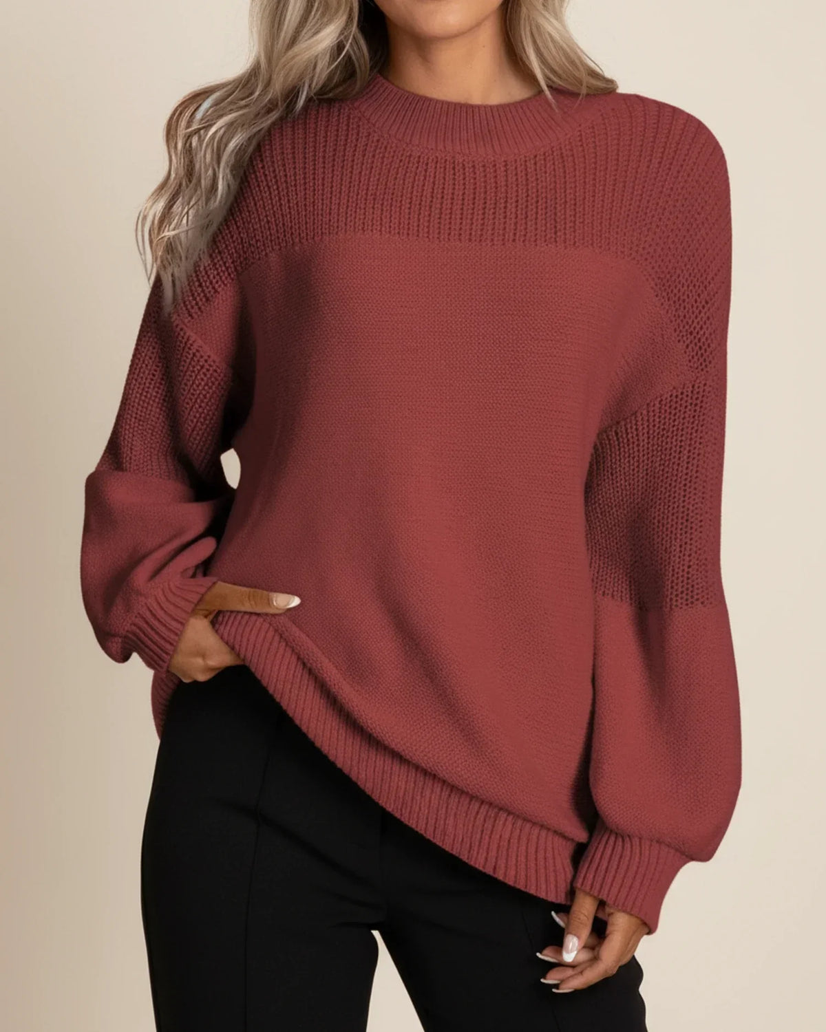 Women's Sweater Lantern Sleeves – Round Neck, Crochet Flower Detail