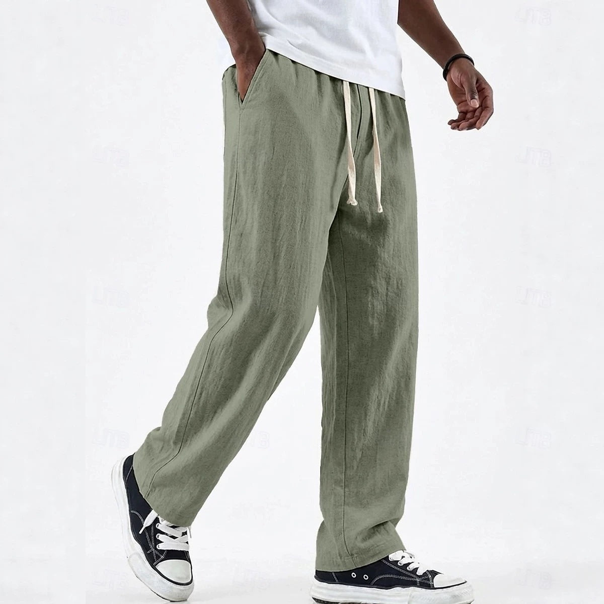 Men's Wide Cotton-Linen Pants – Loose Fit with Drawstring Waist