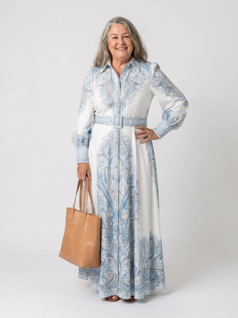 Women's Maxi Printed Dress – Notched Collar, Lantern Sleeves