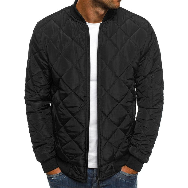 Men's Quilted Bomber Jacket – Stand Collar with Diamond Pattern