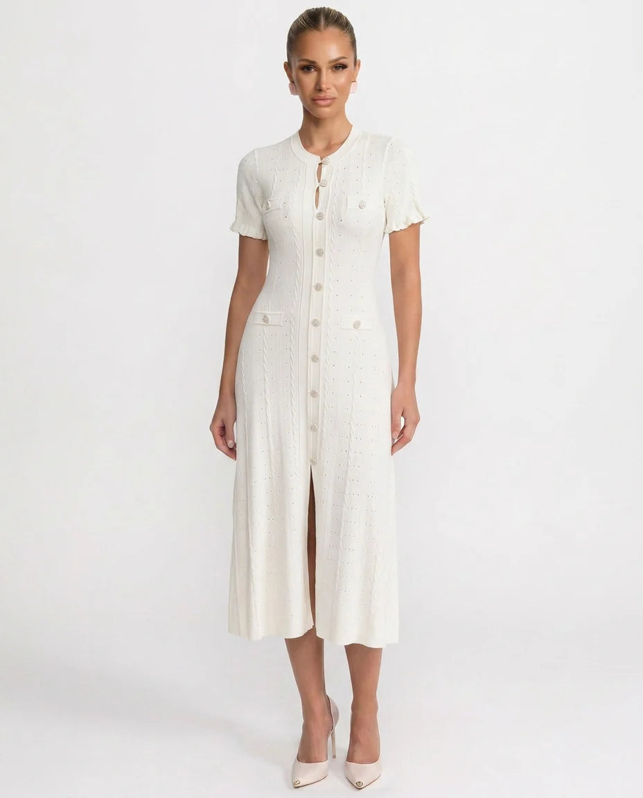 Women's Ribbed Knit Dress – Elegant Button Fastening and Midi Fit