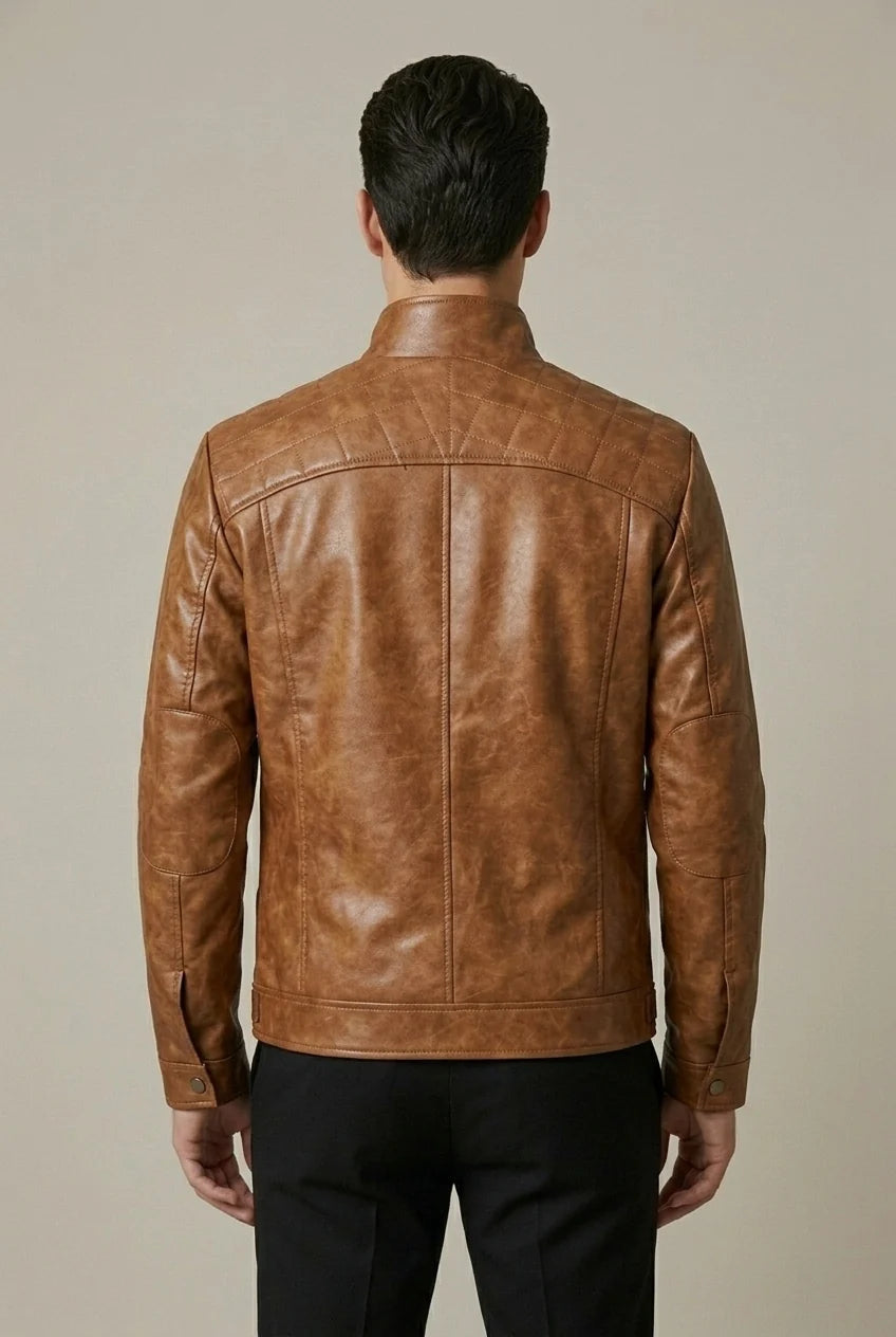 Men's Stand-Collar Jacket – Zipper Closure with Faux-Leather Finish