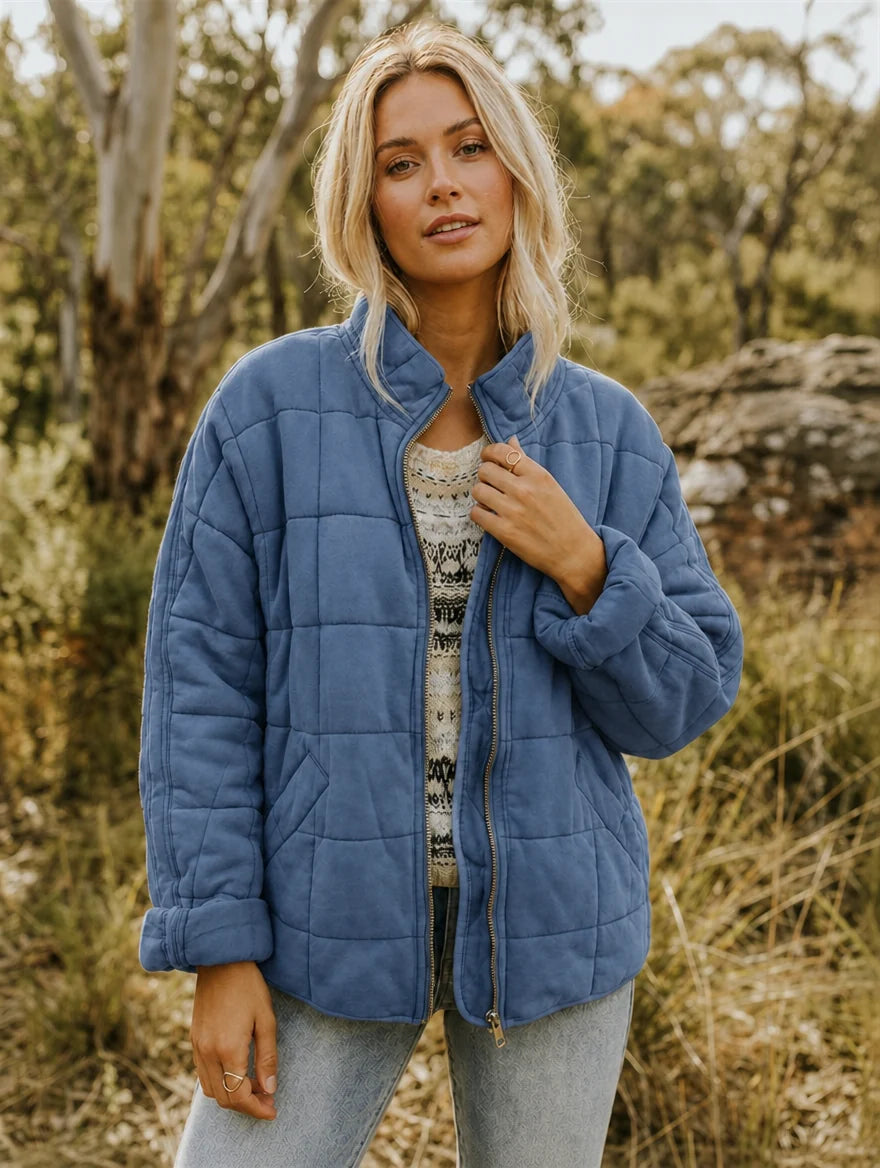 Women's quilted Jacket with Zipper Closure – Stand Collar, Diamond Pattern