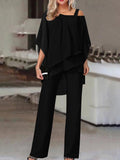 Women's Two-Piece Set – Asymmetrical Ruffle Blouse and Wide-Leg Trousers