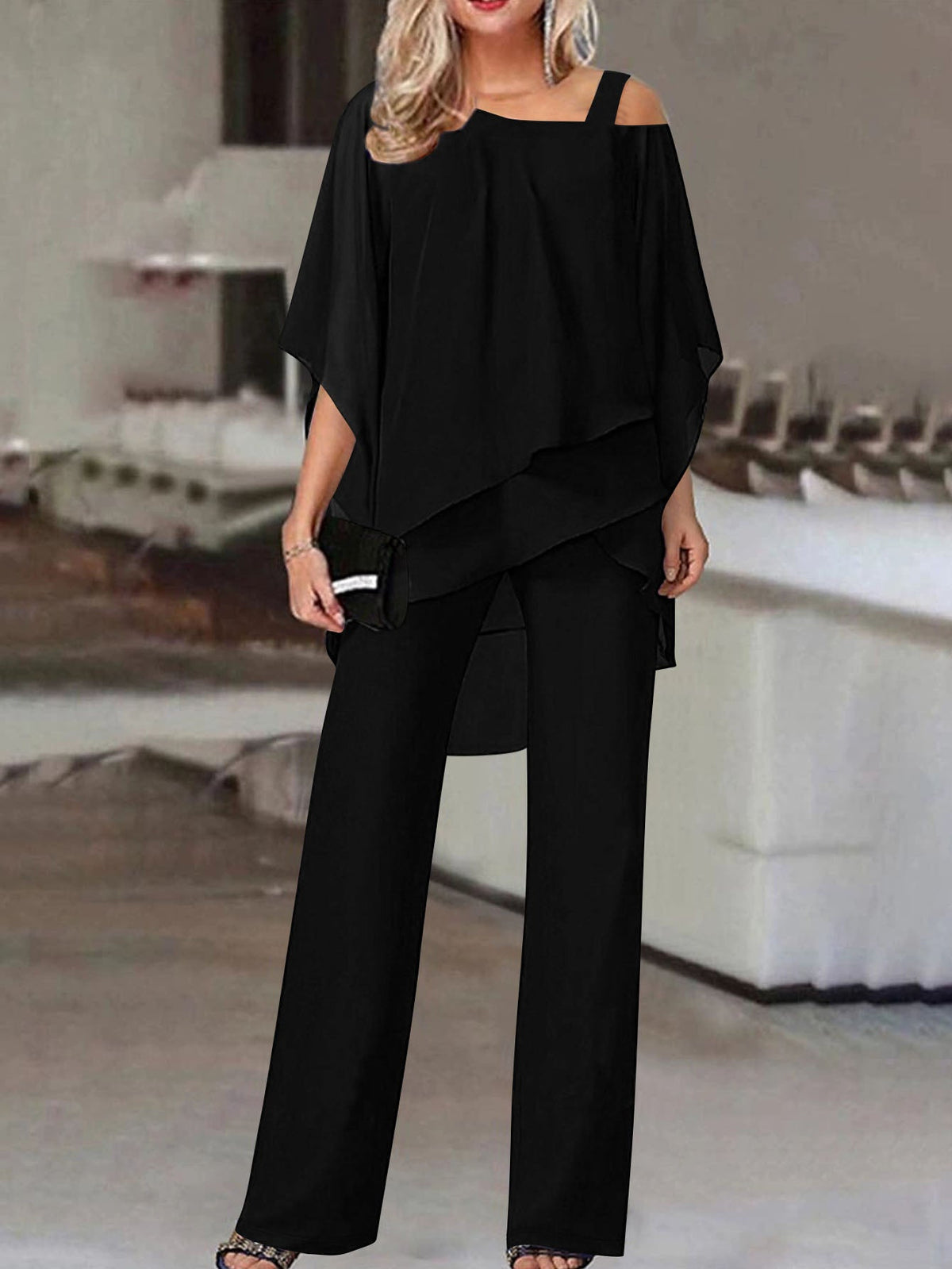 Women's Two-Piece Set – Asymmetrical Ruffle Blouse and Wide-Leg Trousers