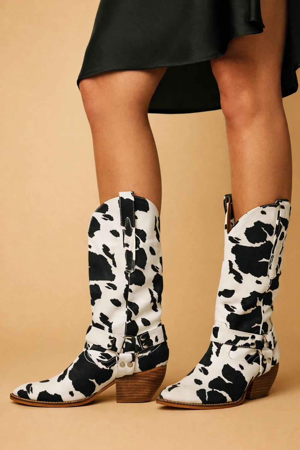 Women's Western Boots – Textured Leather-Look Shaft, Decorative Strap