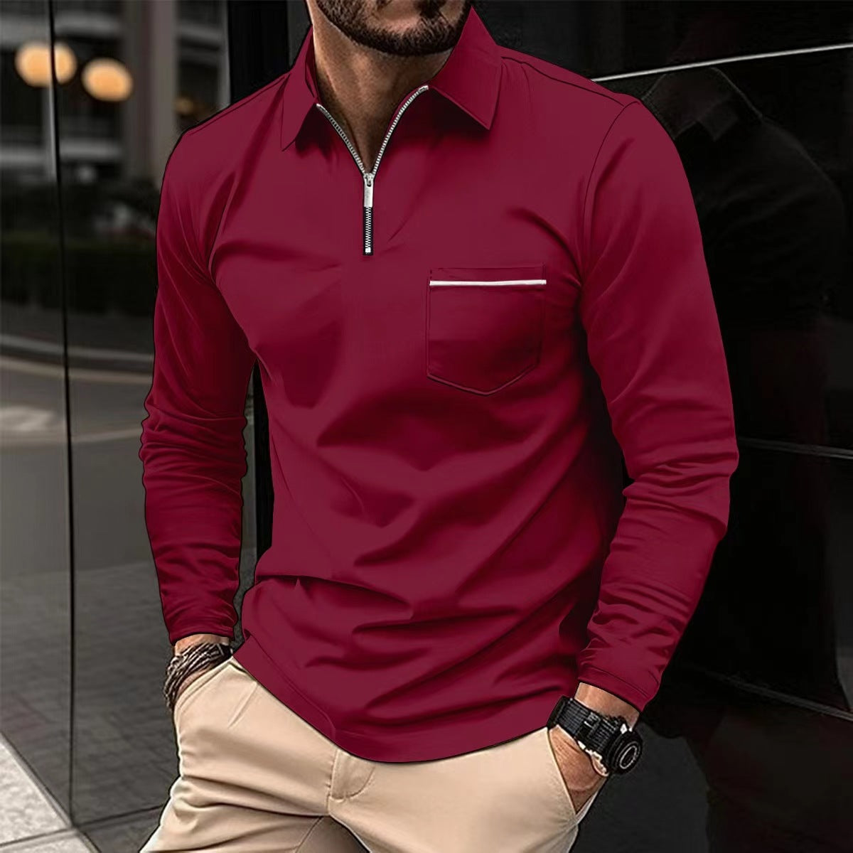 Men's Long-Sleeve Zippered Polo – Elegant Front Pocket