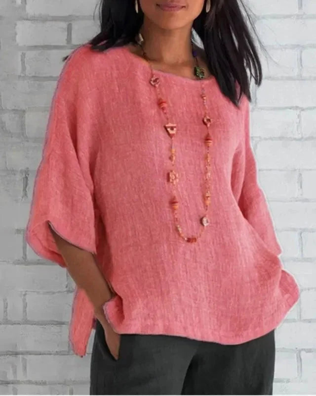 Women's Blended Linen Shirt – Trumpet Sleeves, Loose Fit