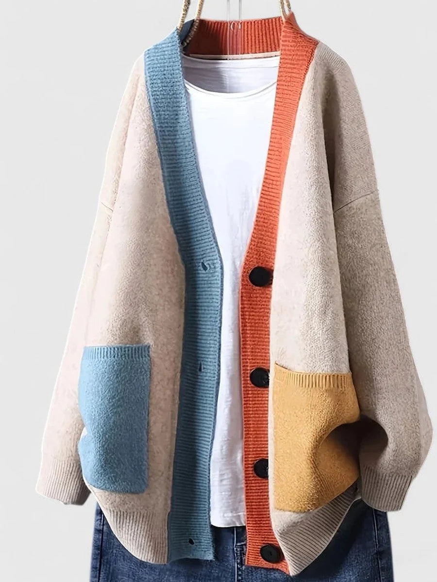 Women's Oversized Cardigan V-Neck – Casual Buttoned Patchwork