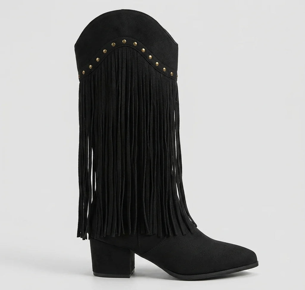 Women's Pointed-Toe High-Top Boots – Stud and Fringe Details