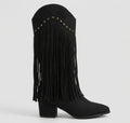 Women's Pointed-Toe High-Top Boots – Stud and Fringe Details