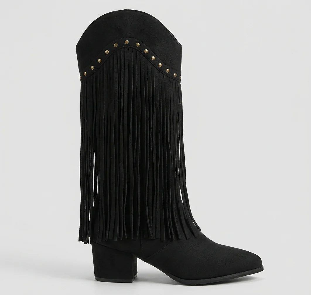 Women's Pointed-Toe High-Top Boots – Stud and Fringe Details