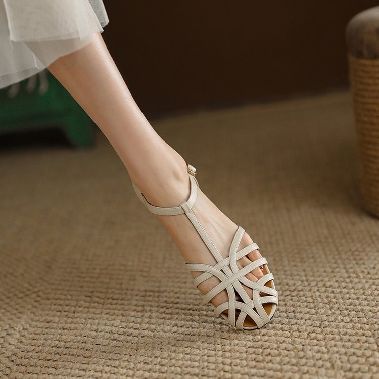 Women's Flat Sandals – French Retro Design with Low Cutouts