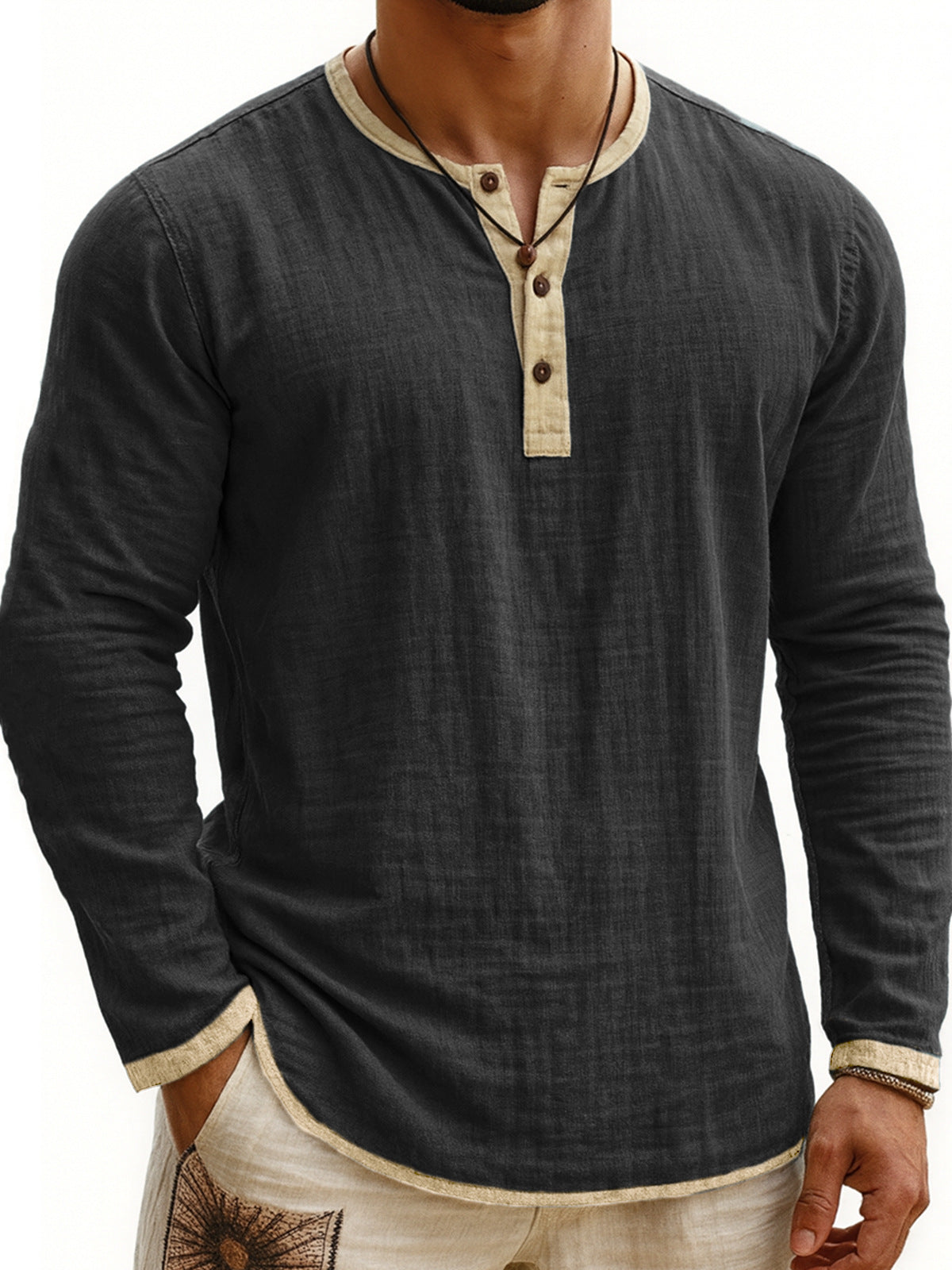 Long-Sleeve Men's Henley – Slim Fit Buttoned Collar