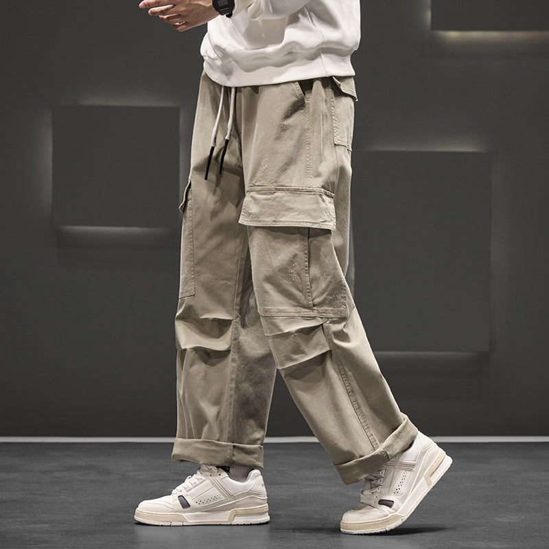 Men's Wide Cargo Pants – Lightweight Textured Fabric with Elastic Waistband