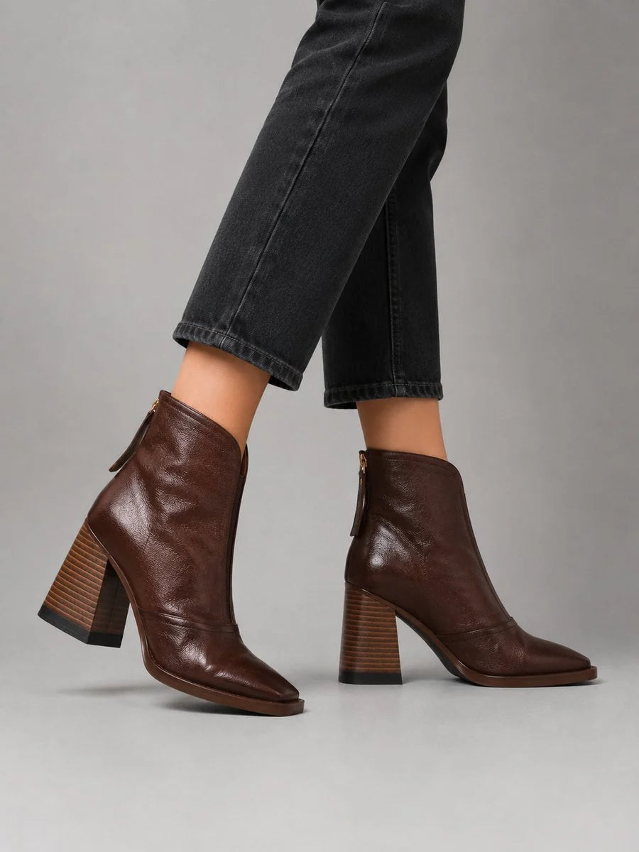 Women's Square-Toe Ankle Boots - Faux-leather shaft and block heel