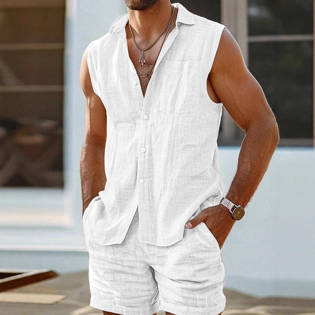 Men's Two-Piece Set in Blended Cotton – Open Collar Shirt, Sleeveless, Lightweight