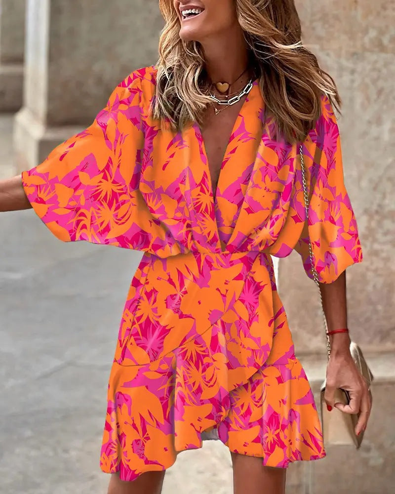 Women's Mini Dress – Puff Sleeves, V-Neckline, Asymmetrical Hem